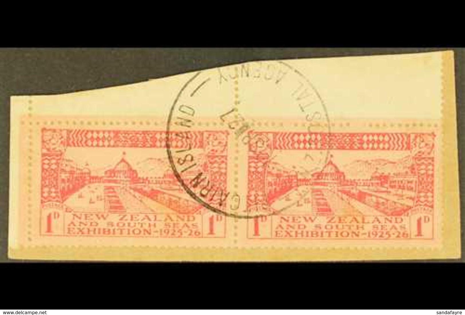 1925  New Zealand 1d Carmine/rose Dunedin Exhibition Marginal HORIZONTAL PAIR On Piece With Virtually Full "PITCAIRN ISL - Pitcairninsel