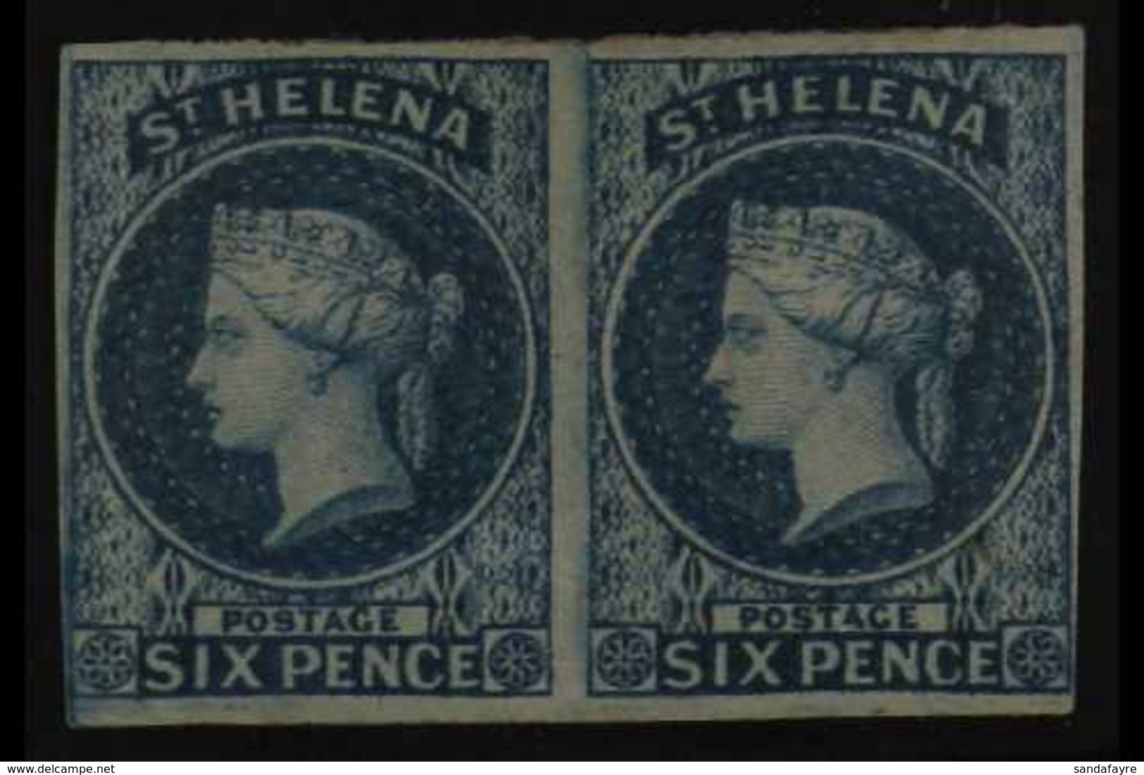 1856  6d Blue Imperf, SG 1, Mint PAIR With 4 Large To Clear Margins, The Right Stamp With A Small Hinge Thin. Fresh And  - St. Helena