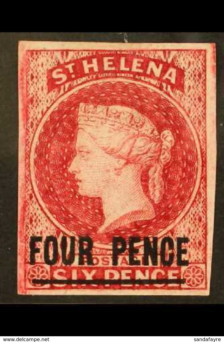 1863  4d Carmine With Bar 15½-16½mm, Imperf, SG 5, Superb Mint With Four Good To Large Margins And Lovely Bright Colour. - St. Helena