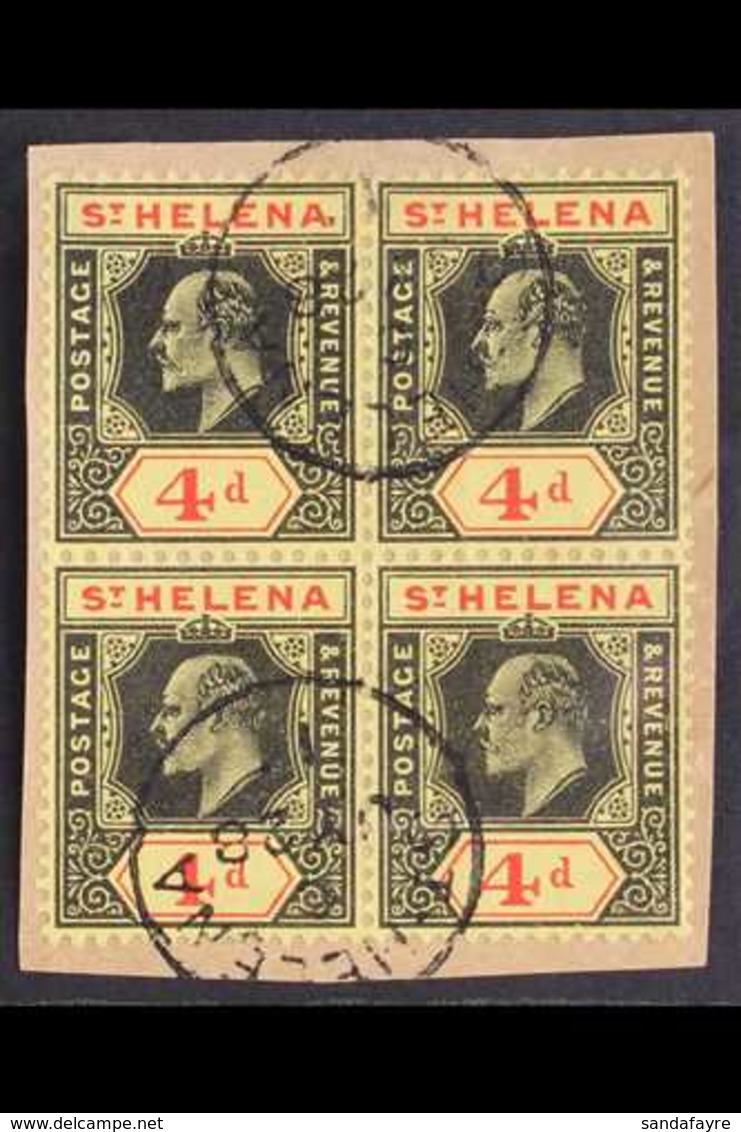 1908-11  KEVII 4d Black & Red/yellow, Ordinary Paper, SG 66b, BLOCK OF 4, Very Fine Cds Used Tied To A Neatly Clipped Pi - St. Helena