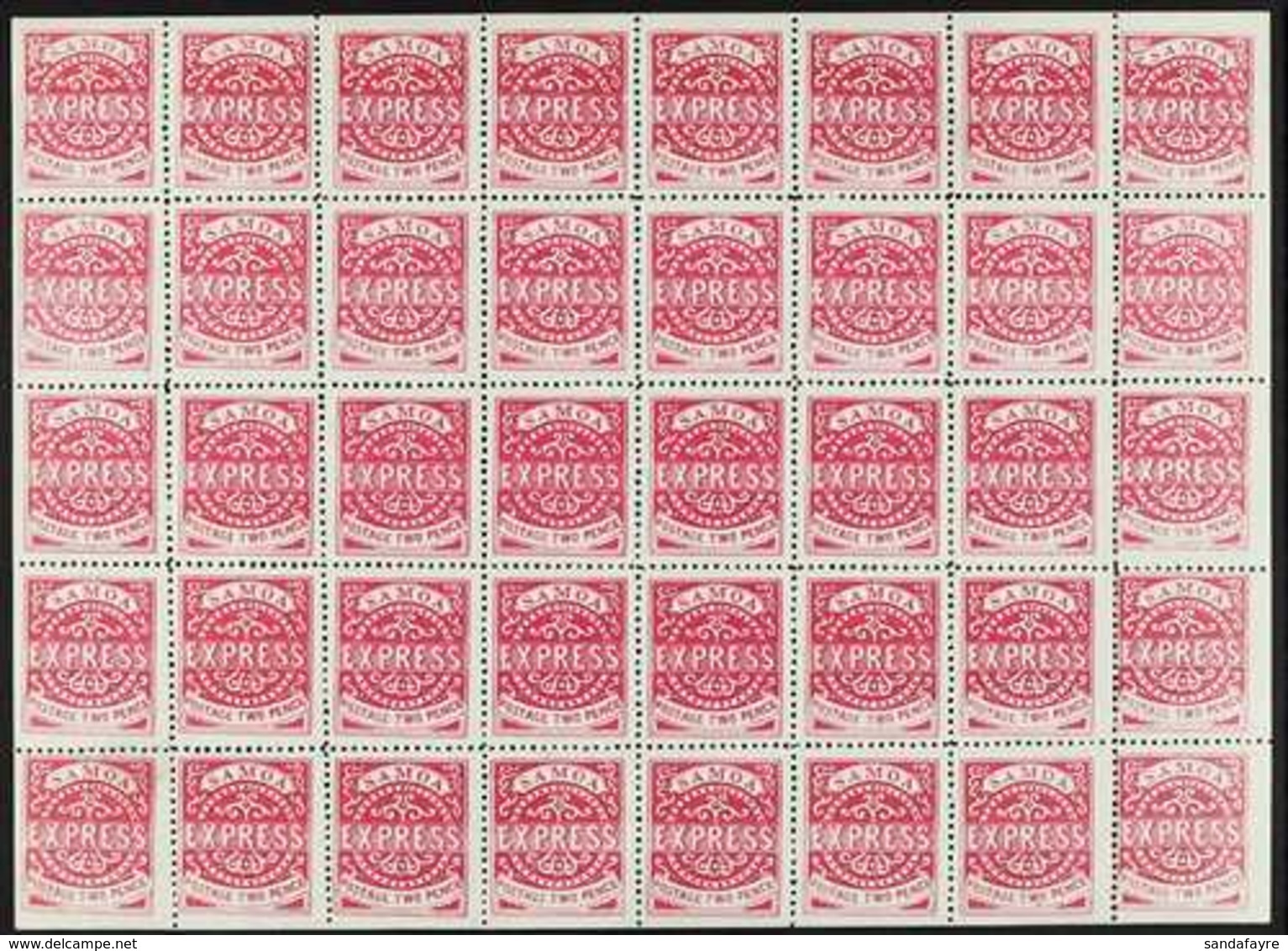 'SAMOA EXPRESS' REPRINTS COMPLETE SHEET OF 40.  1892 2d Rosine Perf 12½, Very Fine Mint (only Four Stamps Hinged) COMPLE - Samoa (Staat)