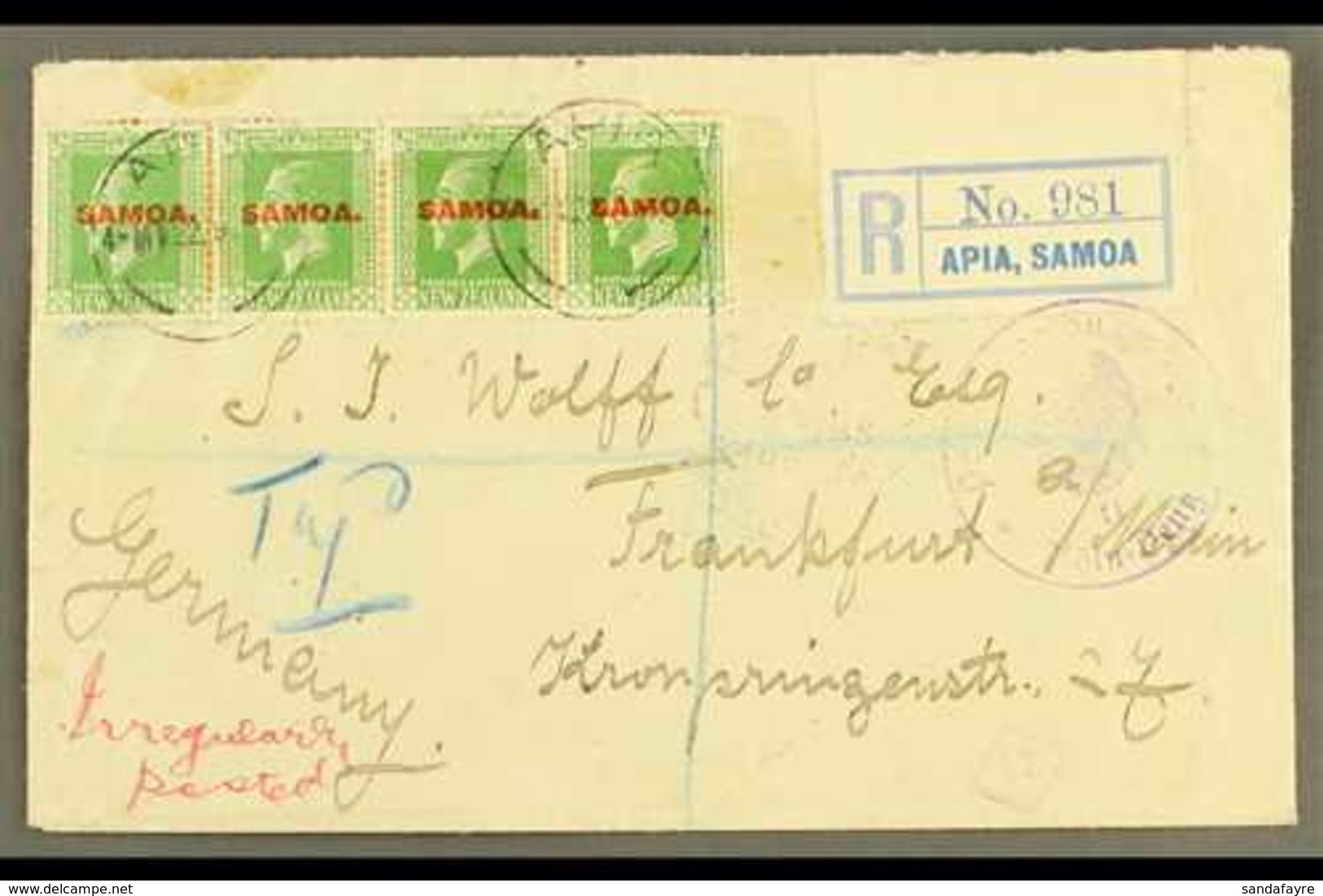 1922  (4 May) Registered Cover To Germany Bearing KGV ½d Strip Of Four, Tied By Apia Cds's; Endorsed "Irregularly Posted - Samoa (Staat)