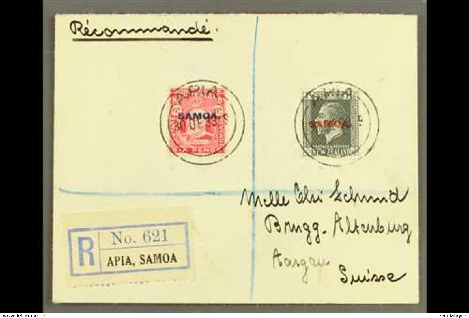 1933  6d Carmine & 1½d Slate, SG 119, 135, 7½d Franking On Registered Cover To Switzerland, Tied By Apia 30.12.33 Postma - Samoa (Staat)