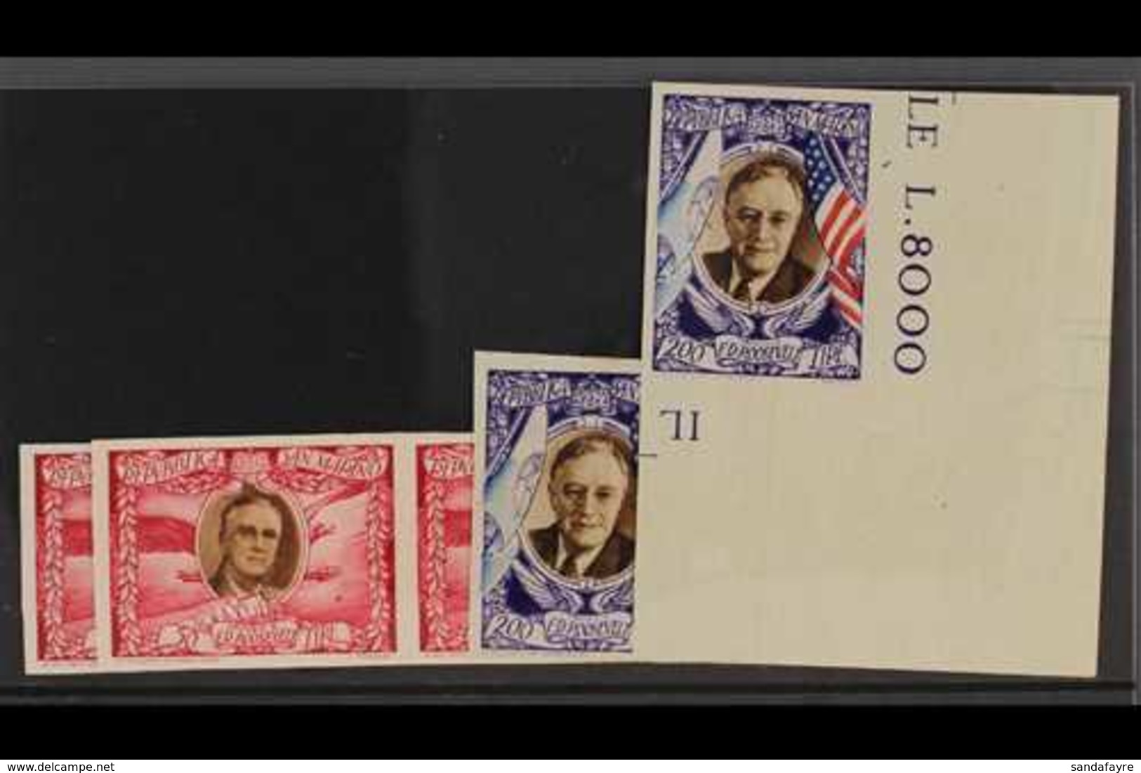 1947  50L Rose Carmine And Brown (2 Imperf Pairs) And 200L Multicoloured (2) Roosevelt Proofs, In Issued Colours On Ungu - Sonstige & Ohne Zuordnung