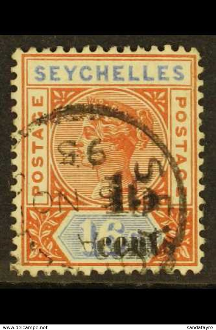 1893  15c On 16c (Die II), Surcharge Double, SG 19b, Fine Cds Used.  For More Images, Please Visit Http://www.sandafayre - Seychellen (...-1976)