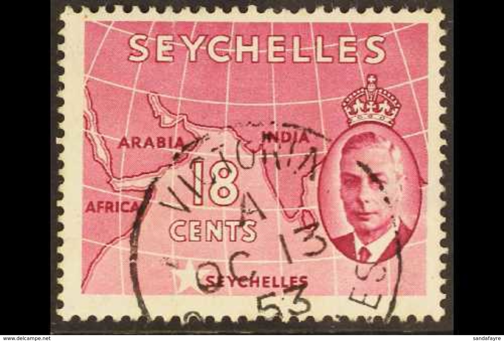 1952  18c Carmine-lake WATERMARK ERROR ST EDWARD'S CROWN Variety, SG 162b, Used With Nice Cds Cancel, Small Thin, Fresh. - Seychellen (...-1976)