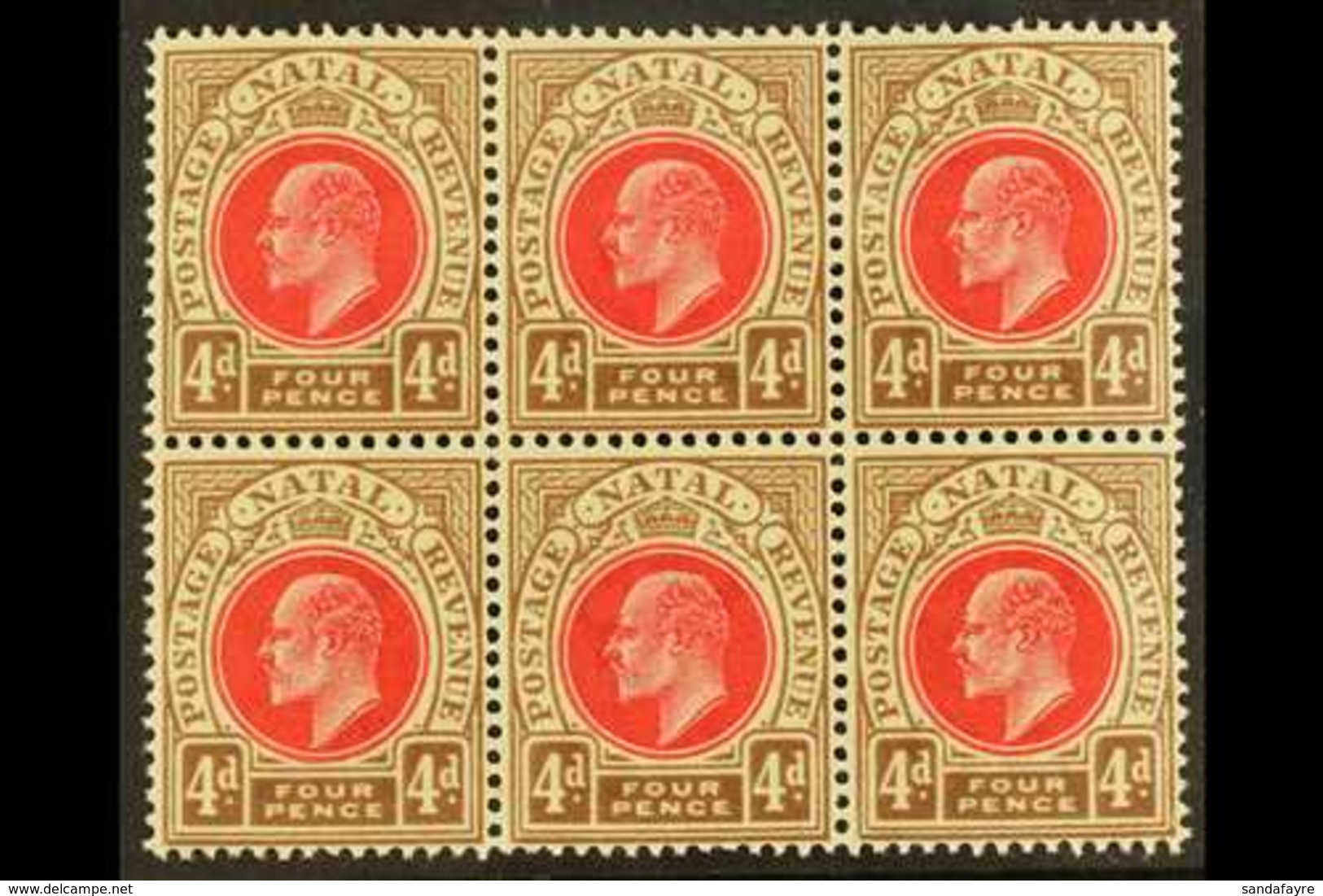 NATAL  1902-3 4d Carmine & Cinnamon, Wmk Crown CA , BLOCK OF SIX, SG 133, Very Slightly Toned Gum, Otherwise Never Hinge - Ohne Zuordnung