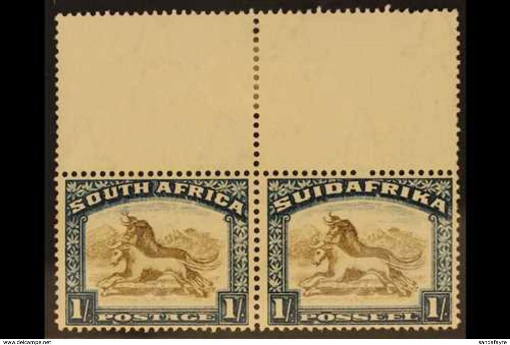 1930-44 VARIETY.  1s Brown & Deep Blue, "Twisted Horn" Variety, Wmk Inverted, SG 48cw, Upper Marginal Pair, The Stamps B - Ohne Zuordnung