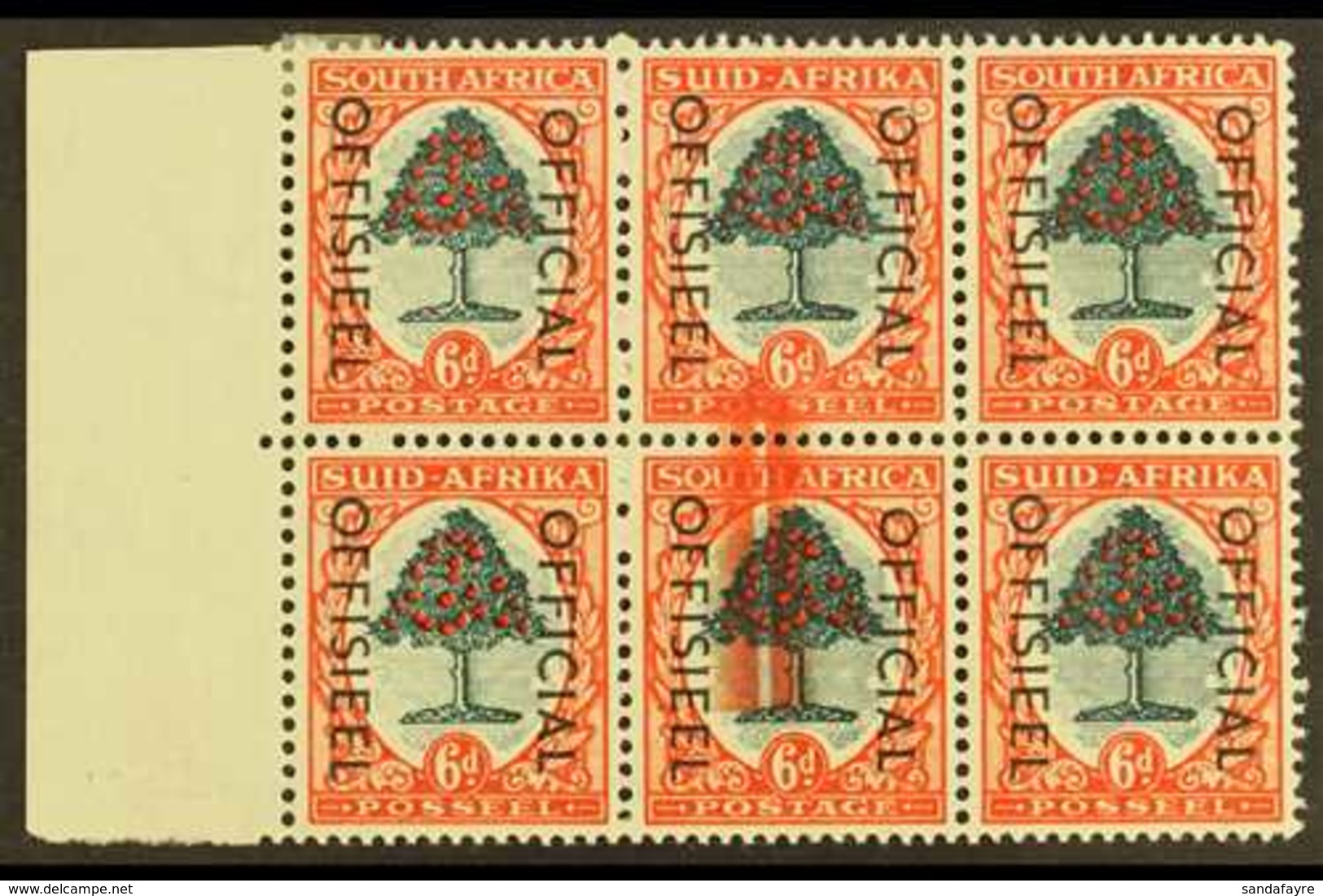 OFFICIAL VARIETY  1950-4 6d Green & Red-orange, Block Of Six With LARGE SCREEN FLAW, O46 Var, Very Fine Mint. For More I - Ohne Zuordnung