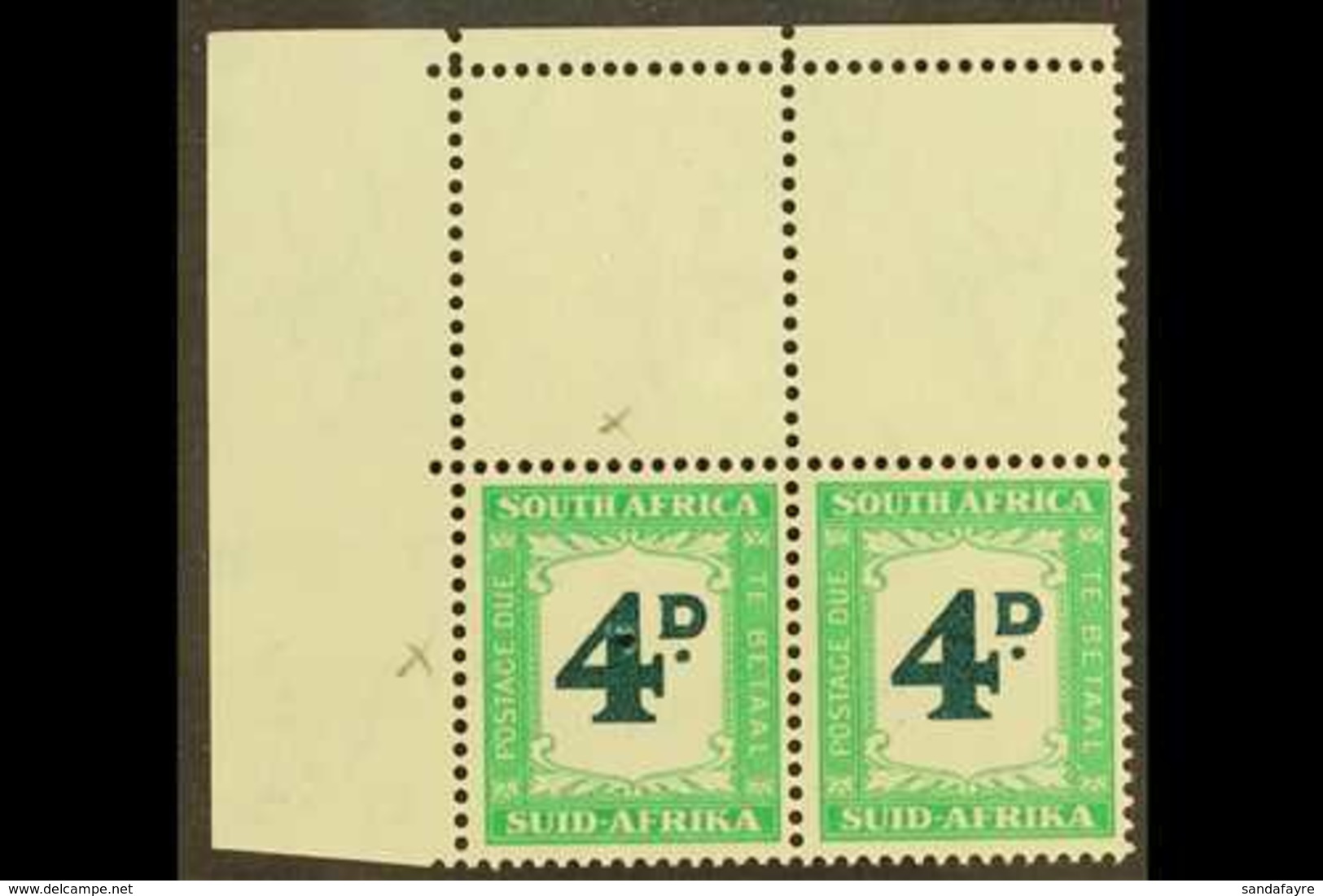 POSTAGE DUES  1950-8 4d Deep Myrtle-green & Emerald, CRUDE RETOUCH VARIETY In Corner Marginal Pair With Normal, SG D42a, - Ohne Zuordnung