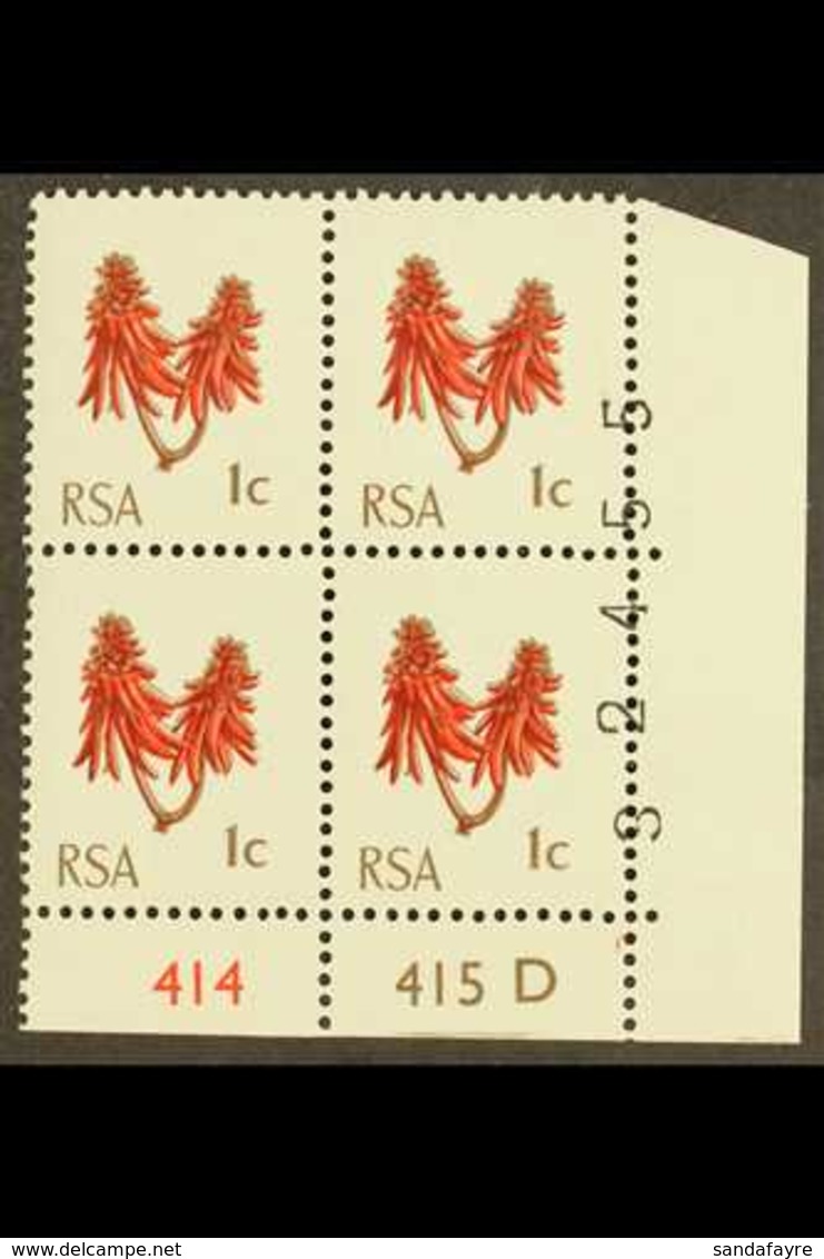 RSA VARIETY  1969 1c Rose-red & Olive-brown, Cylinder 414 415 D With Sheet Number Partially Printed On Stamps, SG 277, N - Ohne Zuordnung