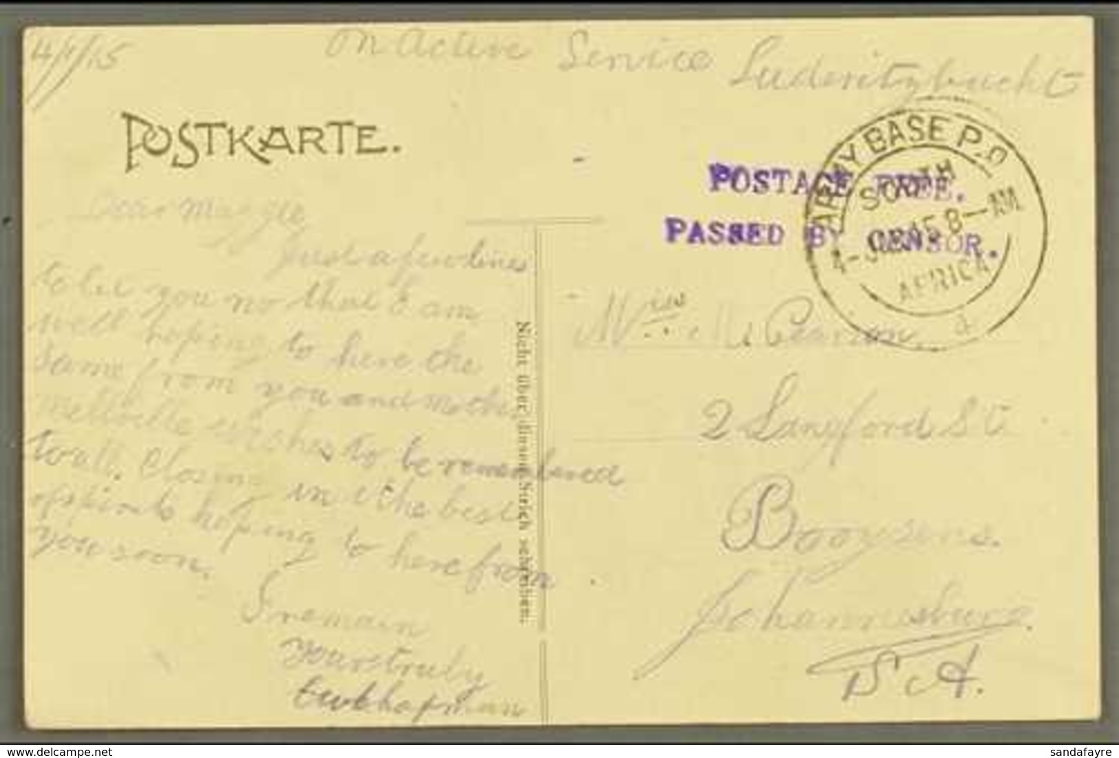 1915  (4 Jan) Stampless Postcard (of Railway Construction Gang) Hand Endorsed "On Active Service Luderitzbuch" Sent To J - Südwestafrika (1923-1990)