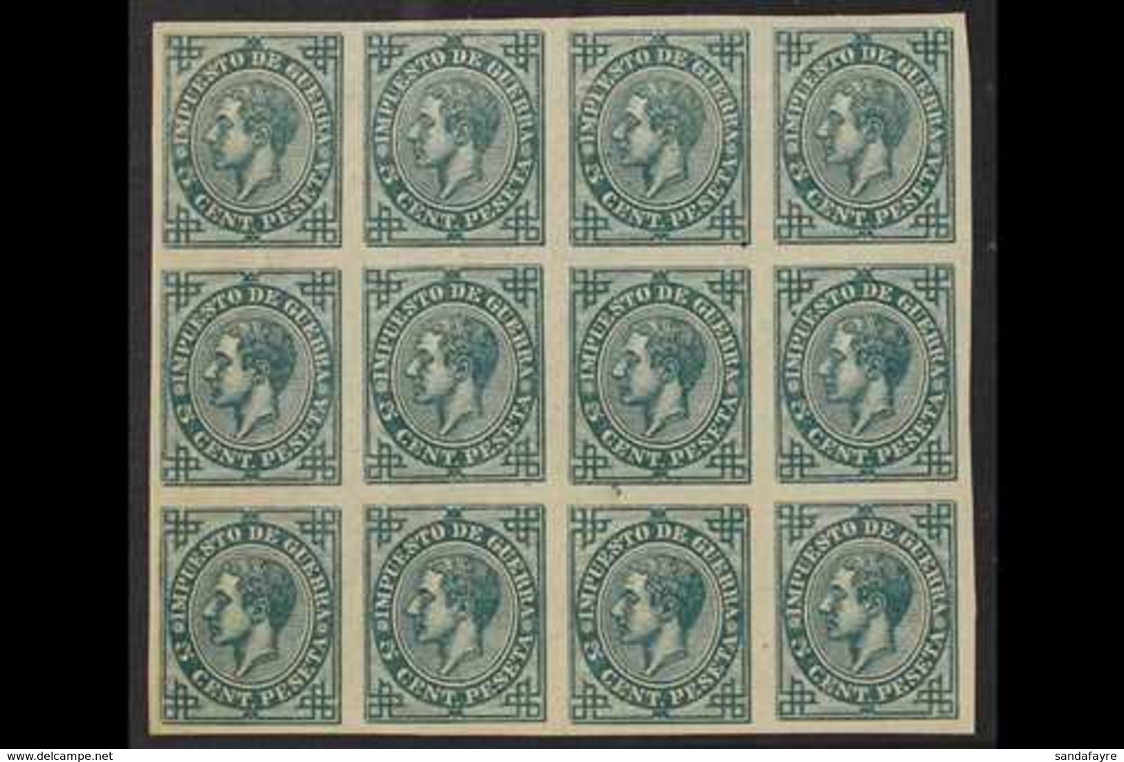 1876  5c Green "War Tax" (2nd Carlist War), Variety IMPERFORATE, Edifil 183s, As SG W253 & Scott MR5, Block Of 12, Never - Sonstige & Ohne Zuordnung