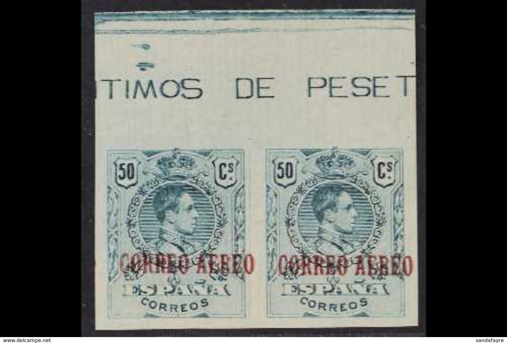 1920  50c Greenish Blue Opt'd "Correo Aereo" Variety IMPERFORATE PAIR, Edifil 295s, SG 356a, Scott C4a, Marginal Example - Sonstige & Ohne Zuordnung