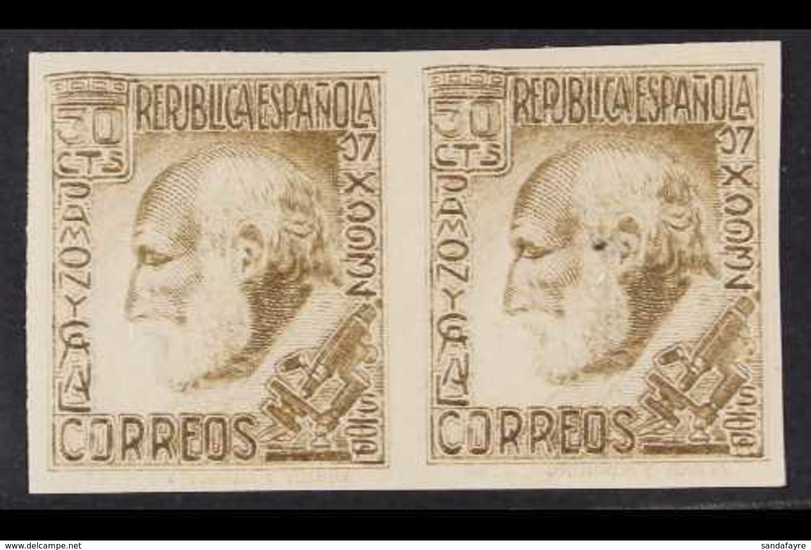 1934  30c Sepia "Ramon Cajal" Variety IMPERFORATE PAIR, As Edifil 680s & SG 752A, Never Hinged Mint (2 Stamps) For More  - Sonstige & Ohne Zuordnung