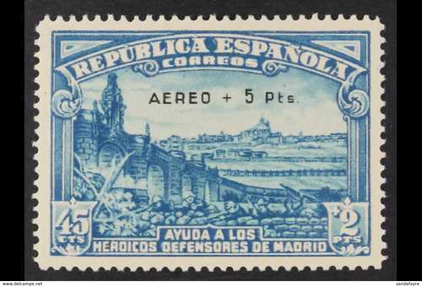1938  Defence Of Madrid "AEREO + 5 Pts" On 45c+2p Blue (Edifil 759, Scott CB6, SG 841), Very Fine Mint, Expertized. For  - Other & Unclassified