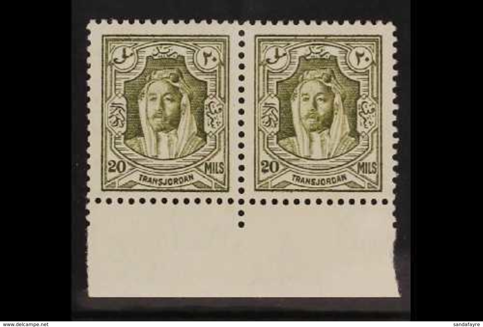 1930-39  20m Olive-green, Perf 13½ X 13, Lower Marginal Horizontal Pair, Never Hinged Mint. For More Images, Please Visi - Jordan