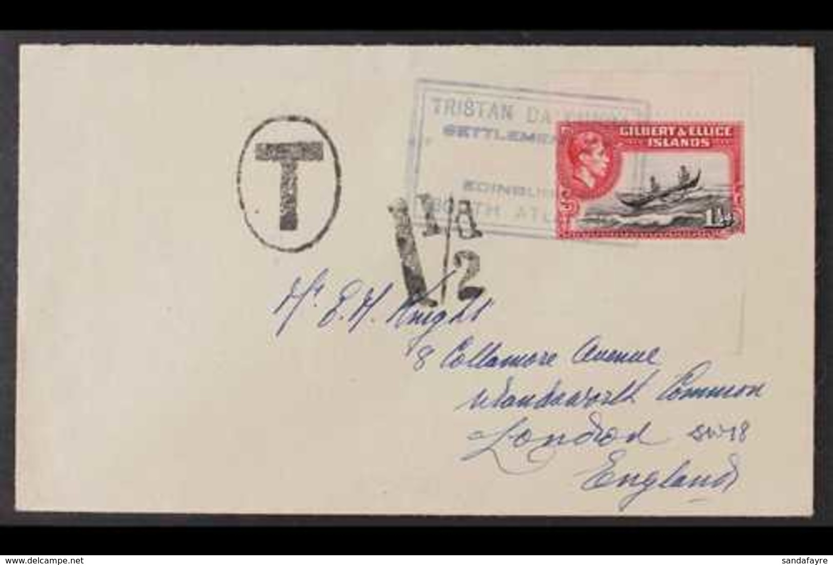 GILBERT & ELLICE ISLANDS USED IN  1949 Cover To England, Bearing Gilbert & Ellice Is 1½d Pictorial Stamp (corner Fault)  - Tristan Da Cunha