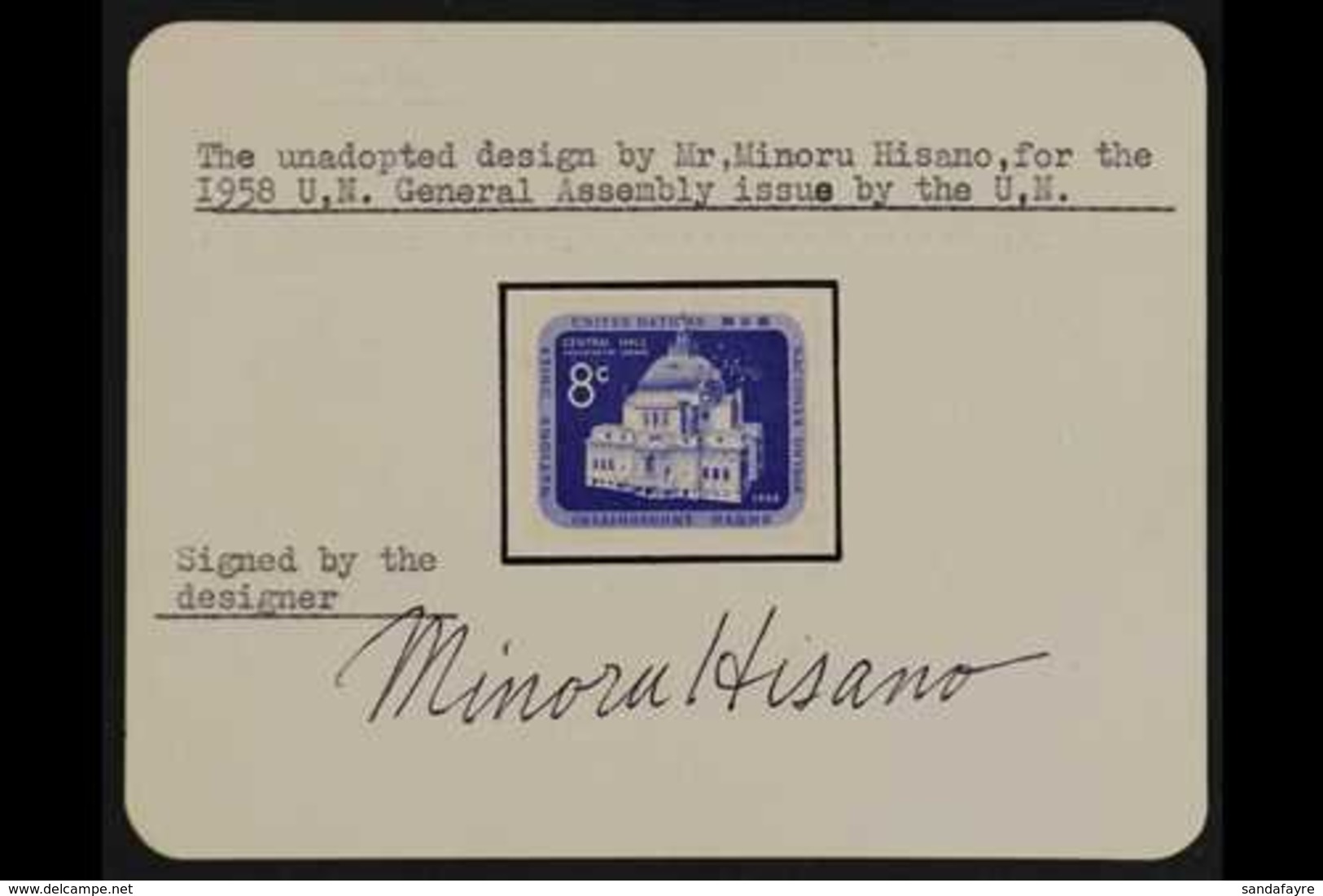 1958  U.N. General Assembly Buildings Issue IMPERF. UNADOPTED ESSAY Of An 8c Design In Ultramarine & Printed By Photogra - Other & Unclassified