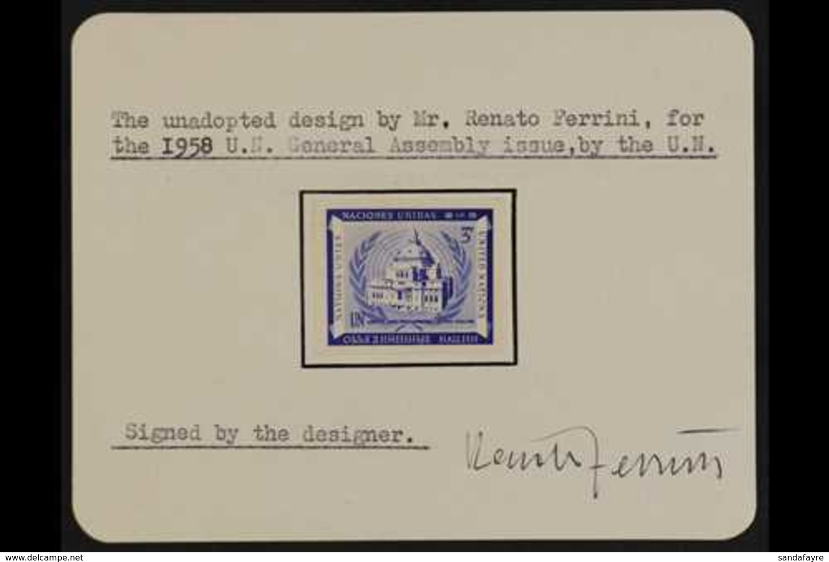 1958  U.N. General Assembly Buildings Issue UNADOPTED ESSAY Of A 3c Ultramarine Design Imperforate & Printed By Photogra - Other & Unclassified