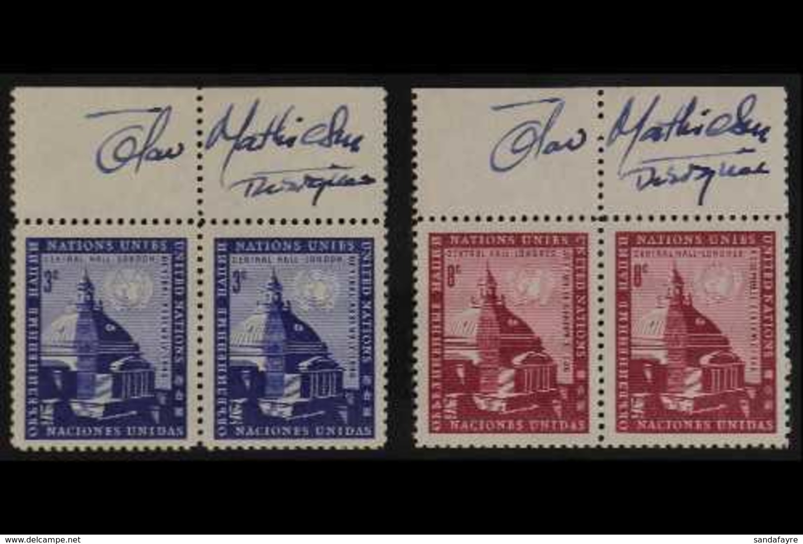 1958  U.N. General Assembly Buildings Set In Pairs SIGNED BY THE DESIGNER Olav Mathiesen In The Upper Sheet Margin Of Ea - Other & Unclassified