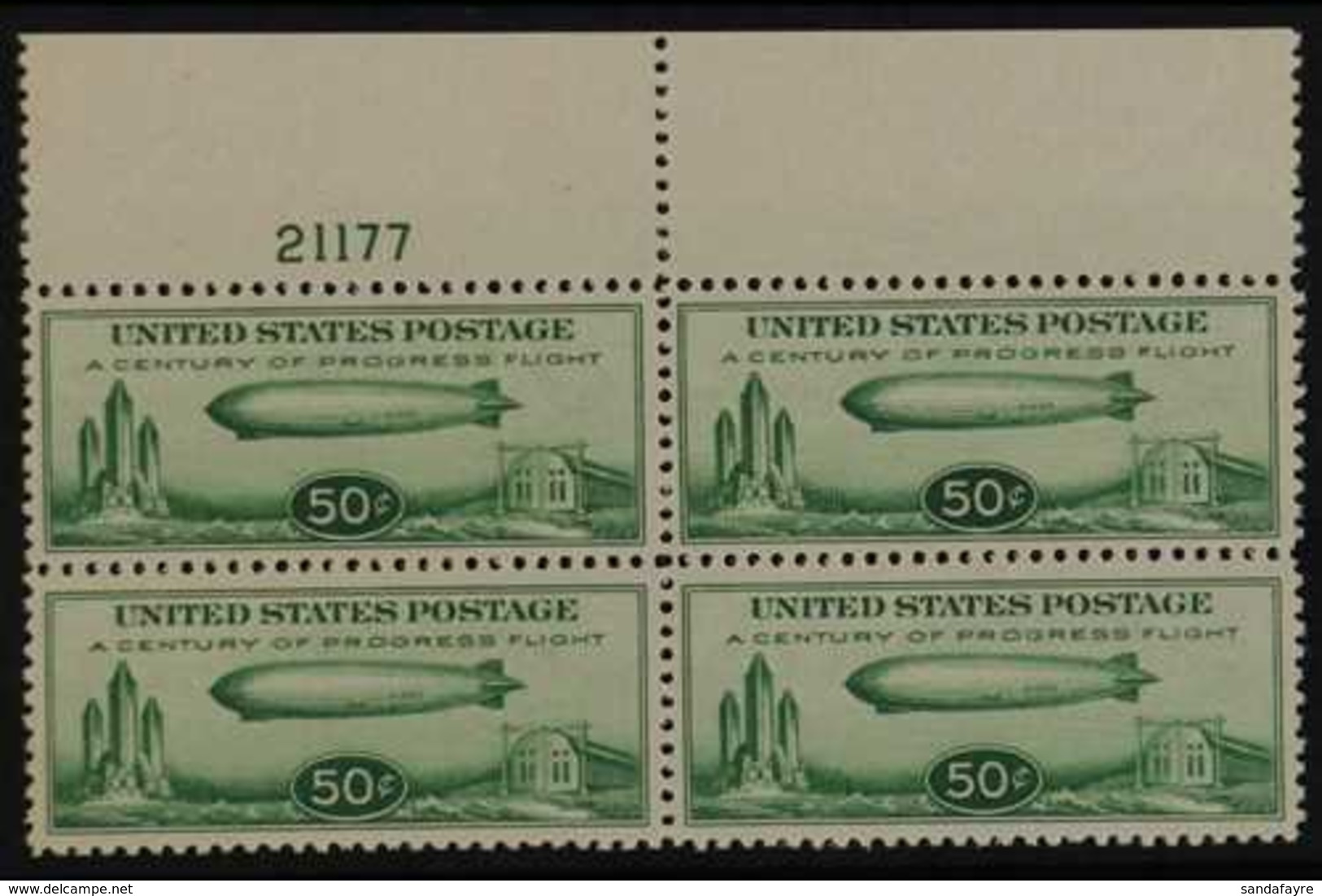 1933  50c Green Graf Zeppelin Air Post, Scott C18 (SG A732) Never Hinged Mint BLOCK OF FOUR WITH PLATE NUMBER. For More  - Sonstige & Ohne Zuordnung