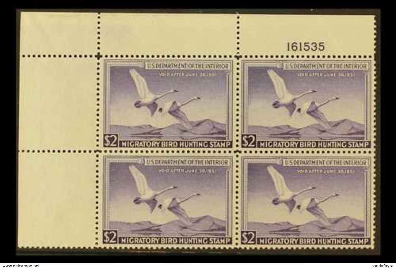 REVENUE - "DUCK" STAMPS  1950 $2 Violet, Scott RW17, Very Fine NEVER HINGED MINT CORNER BLOCK OF FOUR With Plate Number. - Sonstige & Ohne Zuordnung