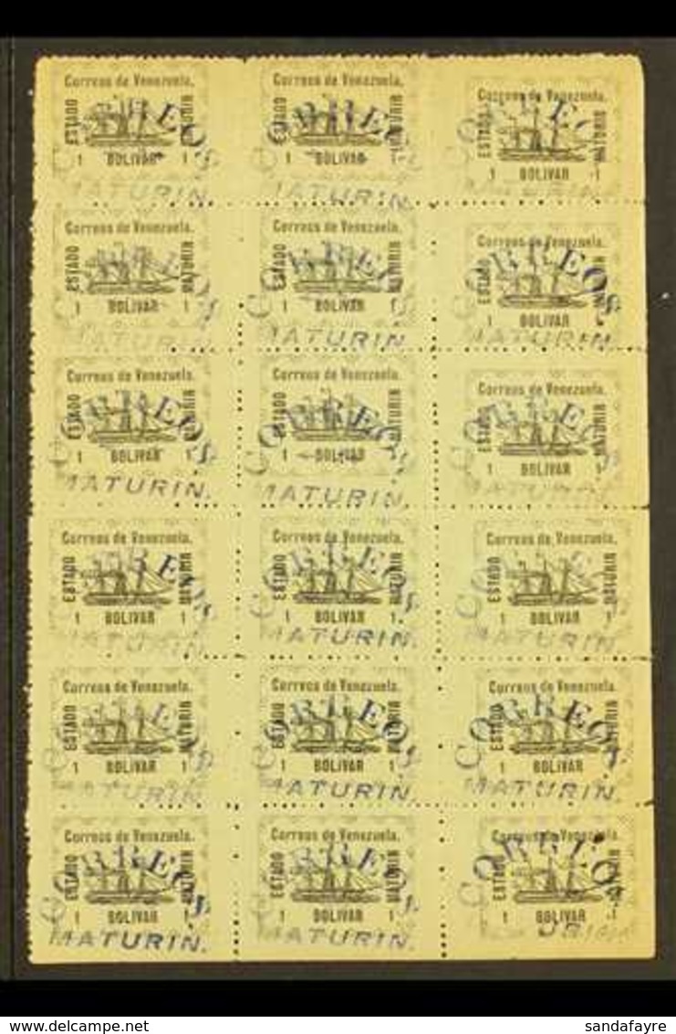 MATURIN LOCAL ISSUE  1903 1b Black On Grey Ship, Michel 38, Never Hinged Mint BLOCK Of 18 (3x6) With "Correos Maturin" C - Venezuela