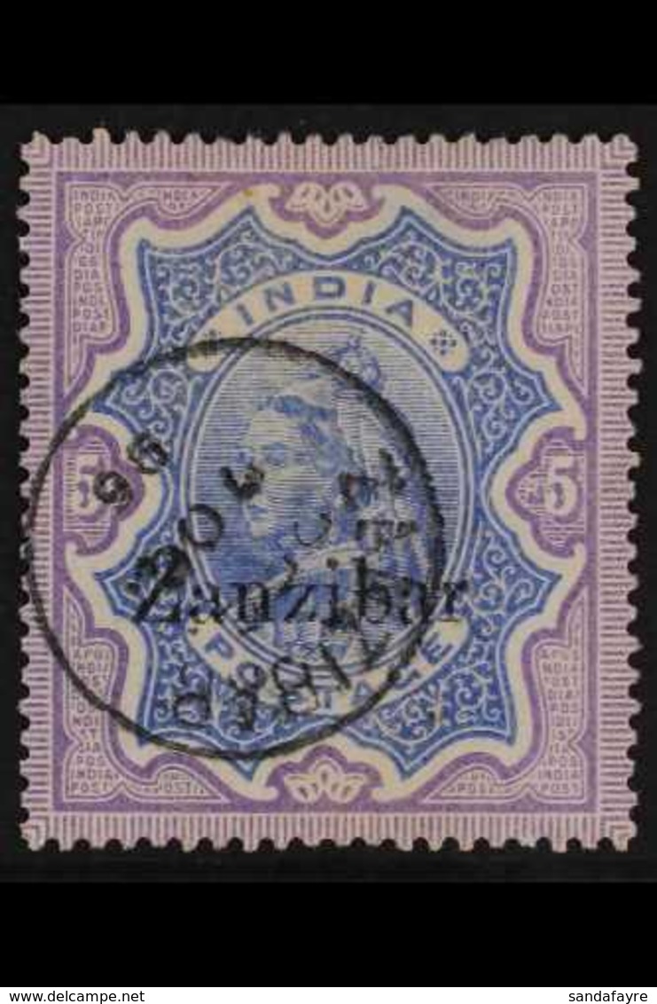 1895-96  5r Ultramarine And Violet Of India With "Zanzibar" Overprint In Black, SG 21, Very Fine Used. For More Images,  - Zanzibar (...-1963)