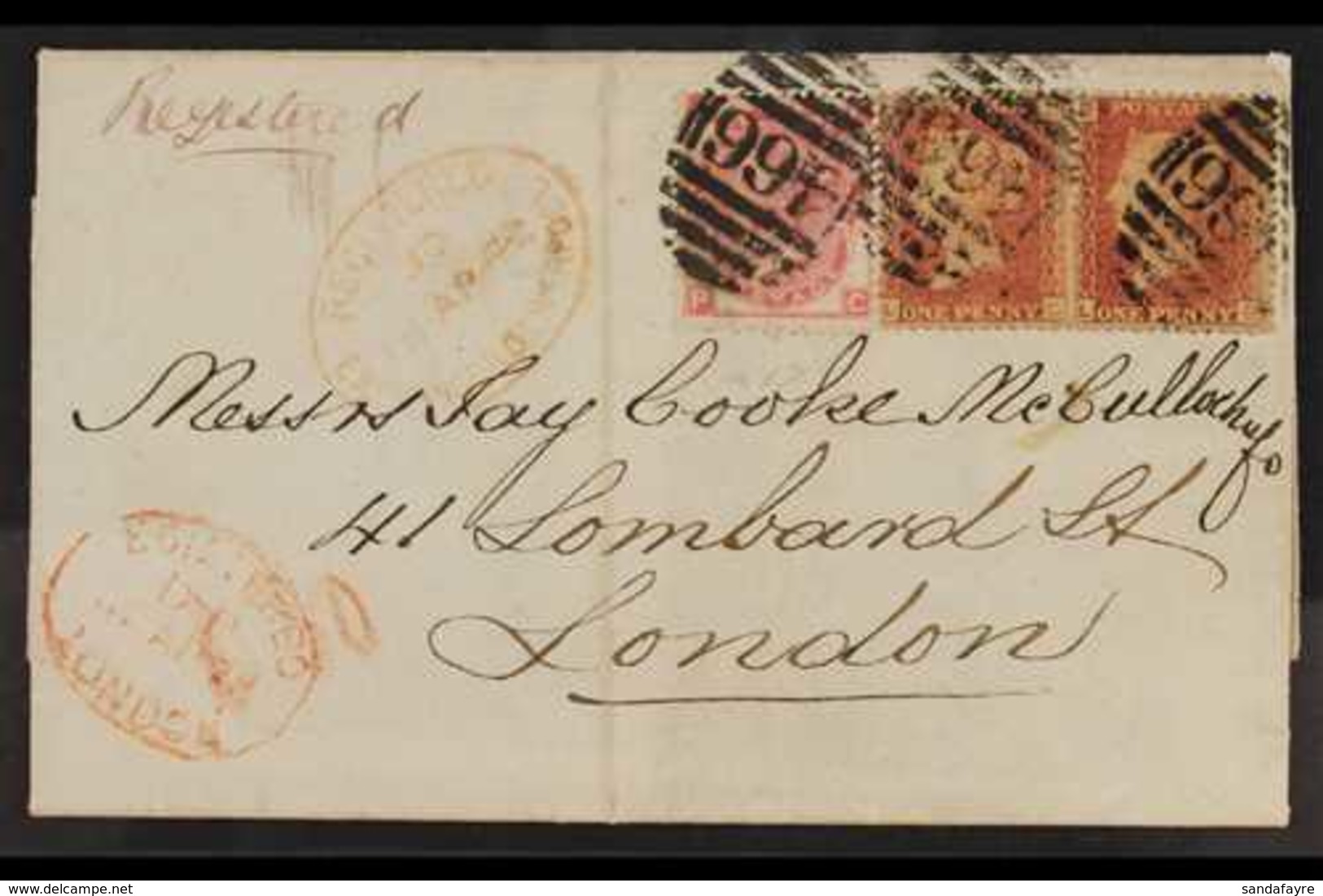 1872  (15 Apr) Registered Entire From Liverpool To London, Franked 1858 1d Pl.123 PAIR And 1867 3d Rose Pl.7, Each Tied  - Sonstige & Ohne Zuordnung