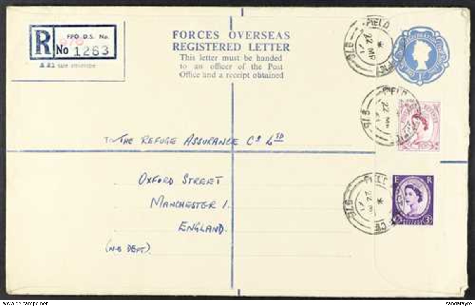 FORCES OVERSEAS REGISTERED LETTER  1959 1s Blue Registered Envelope Size H2 (H&G RPF 10), Addressed To England, Uprated  - Sonstige & Ohne Zuordnung