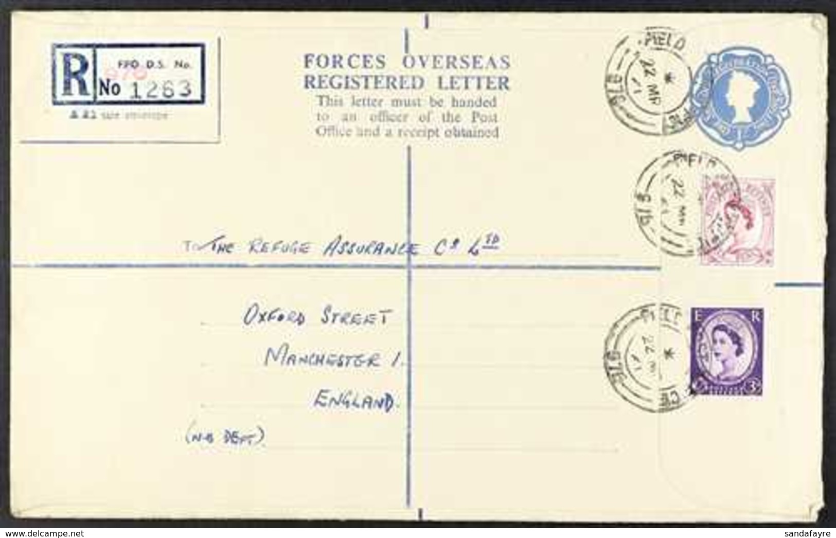 FORCES OVERSEAS REGISTERED LETTER  1959 1s Blue Registered Envelope Size H2 (H&G RPF 10), Addressed To England, Uprated  - Autres & Non Classés