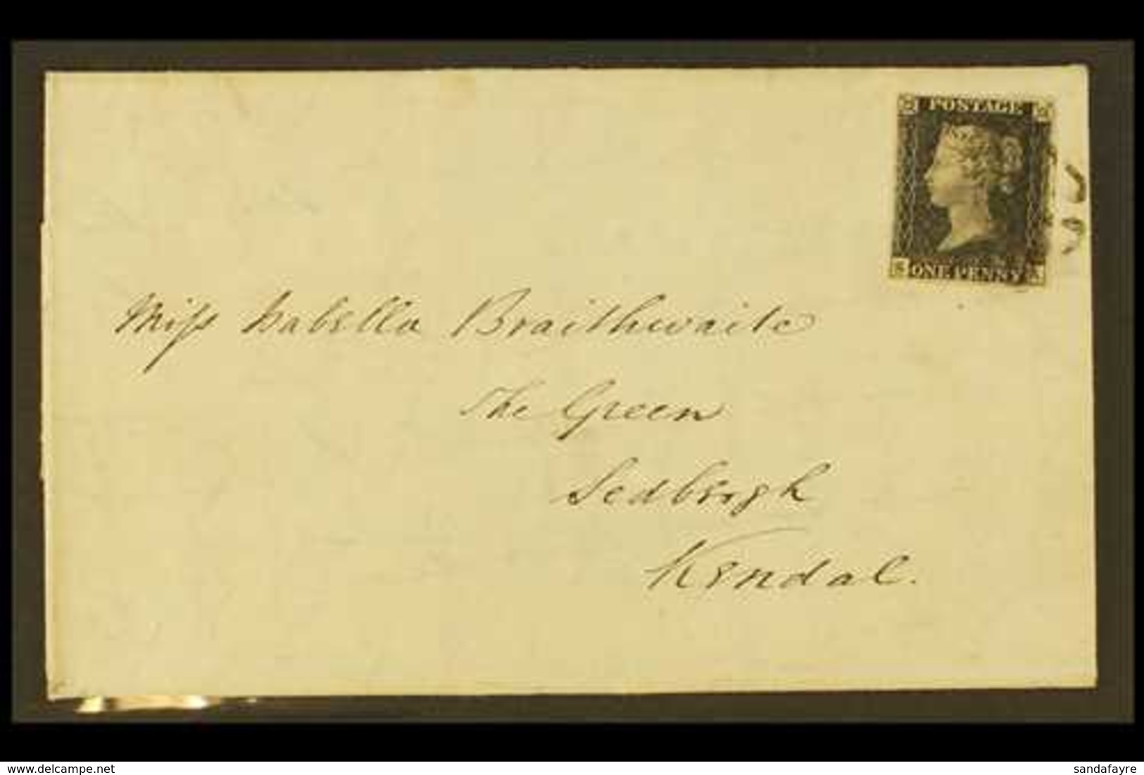 1840  1d Black 'SA' Plate 5 With 4 Neat Margins, Tied By Black MC Cancellation To An 1841 (7 May) EL From Shrewsbury To  - Ohne Zuordnung