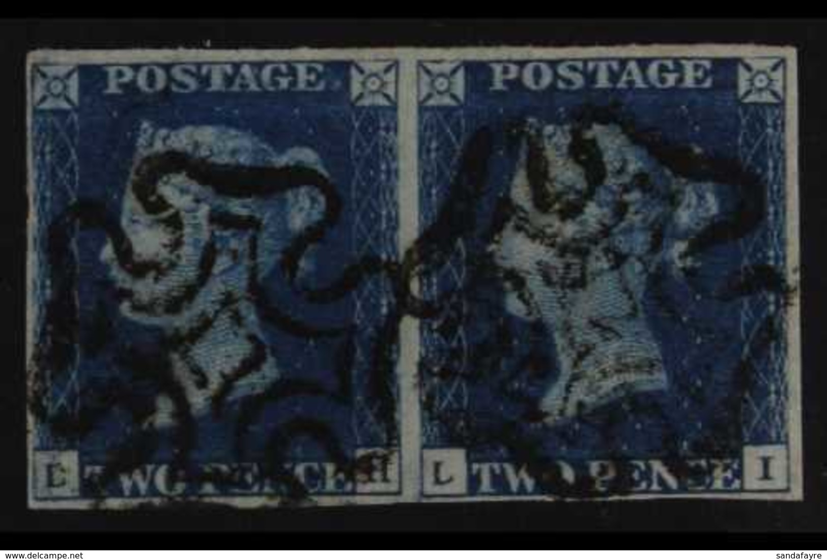 1840  2d Deep Full Blue Plate II, PAIR 'LH - LI', SG 4, Very Fine Used With 4 Margins & Neat MC Cancellations. A Lovely  - Sonstige & Ohne Zuordnung