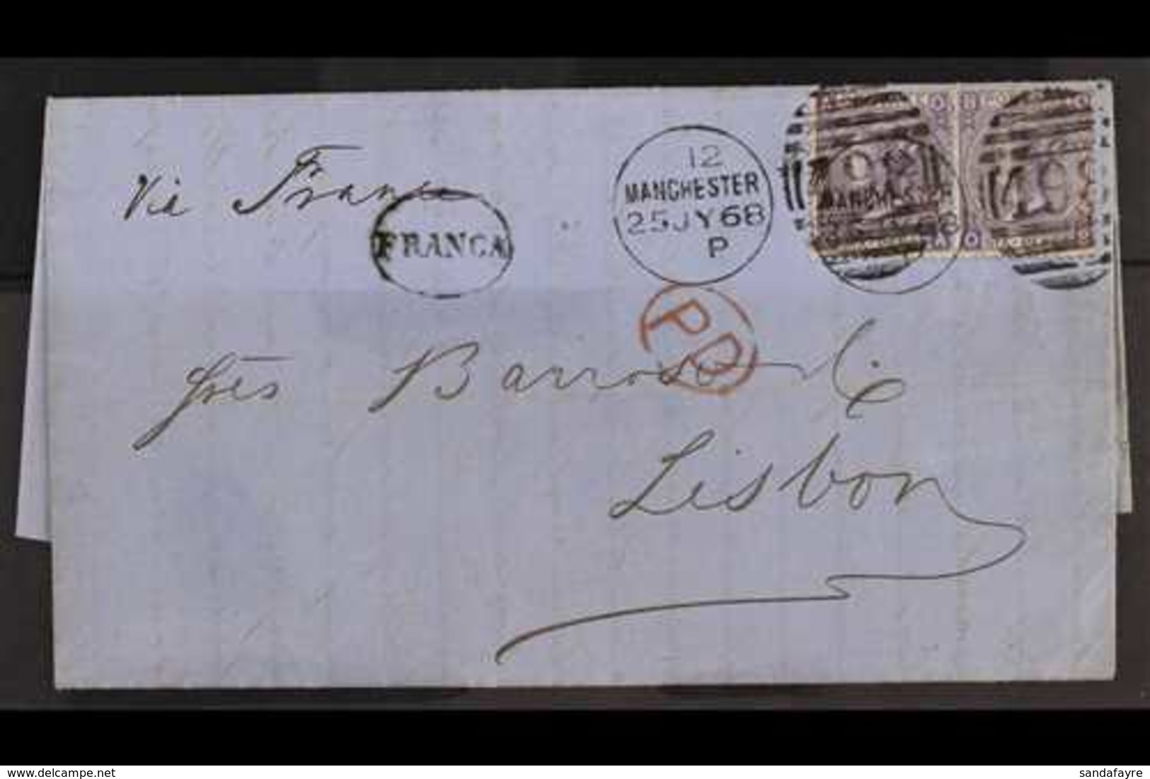 1868  (25th July) E/L To Lisbon Bearing A 6d Lilac, Plate 6 Pair, SG 104, Manchester Duplex Cancels, Clean & Fine. Cat £ - Sonstige & Ohne Zuordnung