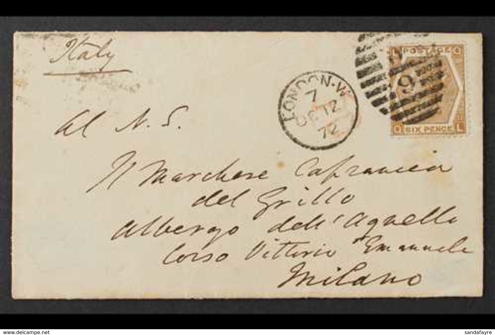 1872  (Oct) A Neat Envelope London To Milan, Bearing 6d Deep Chestnut Tied By Duplex, Arrival Cds On Reverse. For More I - Sonstige & Ohne Zuordnung