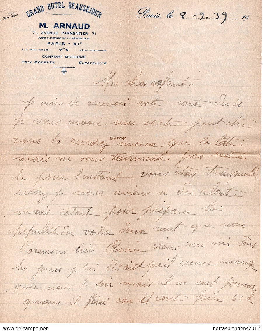 LAC 1939 - Entête GRAND HOTEL BEAUSEJOUR - M.ARNAUD à PARIS XI / Au Dos Cachet Hexagonal Perlé MORTREE CP N°8 (Orne) - 1921-1960: Modern Period