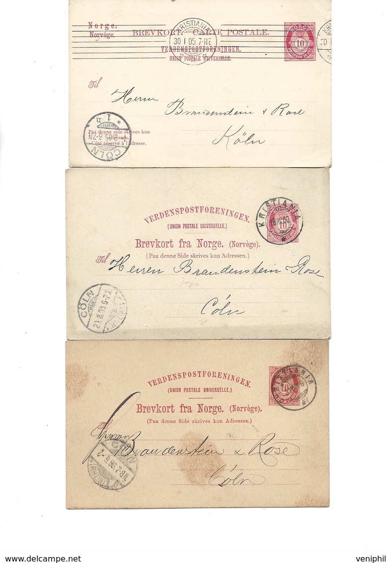 NORVEGE  - 3 ENTIERS POSTAUX -ANNEES 1900-1905 - Cartas & Documentos