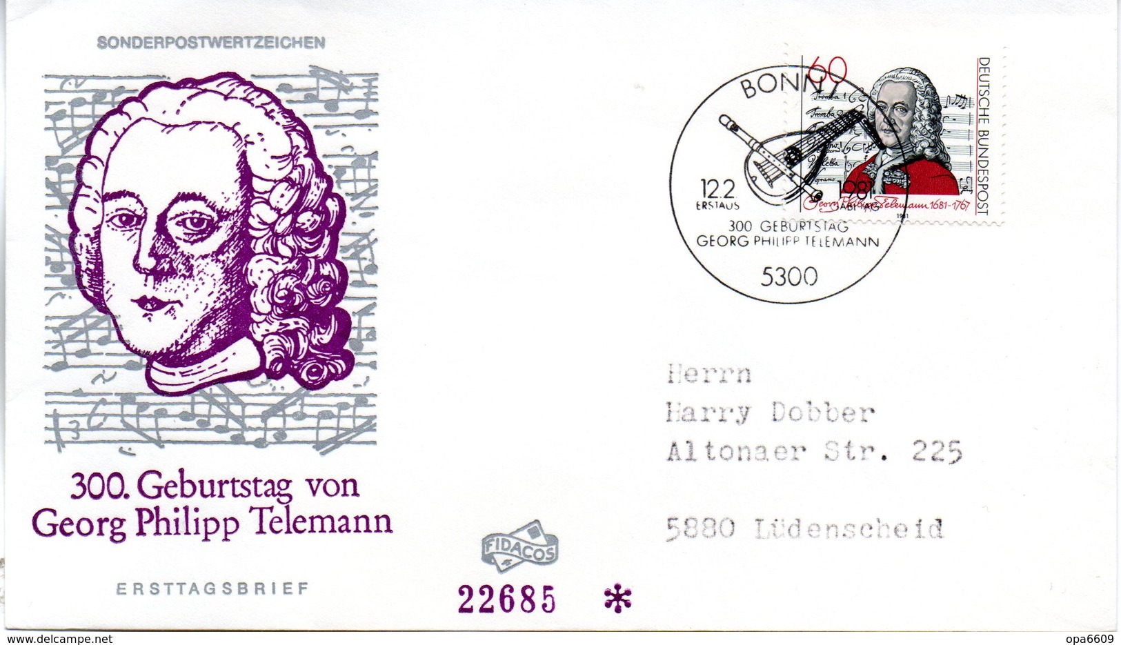 BRD Schmuck-FDC "300. Geburtstag Von Georg Philipp Telemann" Mi.1085  ESSt BONN 1, 12.2.1981 - Sonstige & Ohne Zuordnung