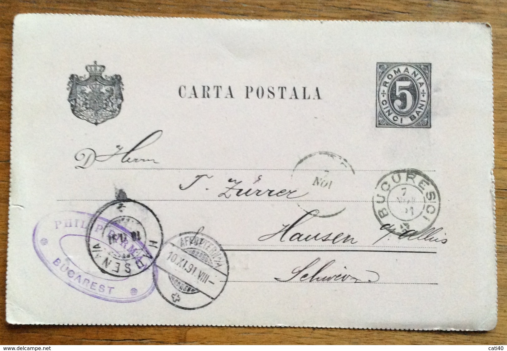 ROMANIA  CARTA POSTALE POST CARD  5 Bani  FROM BUCUREȘCI  7/11/1891  TO HAUSEN SUISSE - Lithuania