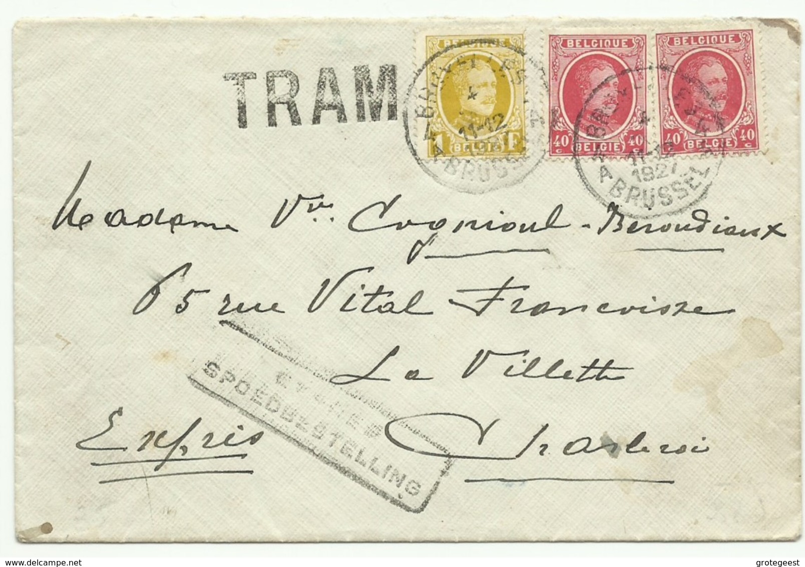 Affranchissement Houyoux 40c. (x2) + 1Fr. Obl. Sc BRUXELLES 4  Sur Lettre Exprès (griffe Bilingue) Du 4-X-1927 Vers Char - 1922-1927 Houyoux