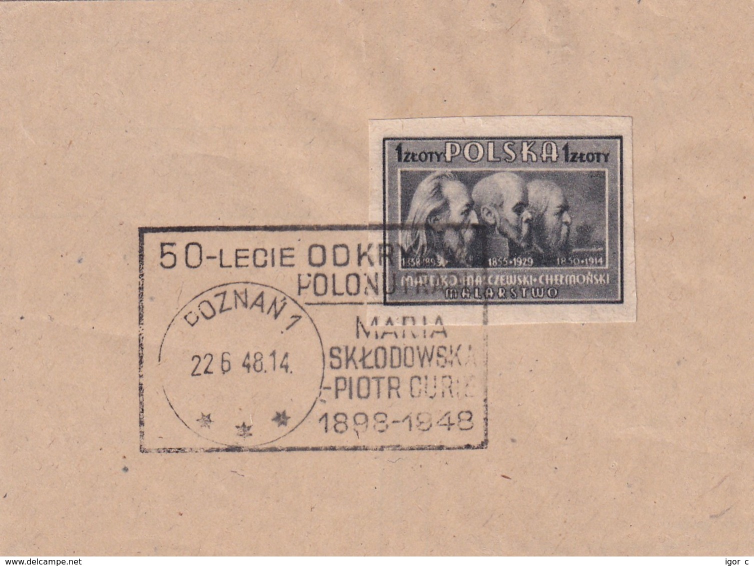 Poland 1948 Cancellation: Athom Physics; 50 Years Of Discorery Of Polonium Cancellation: Marie And Pierre Cur - Physique