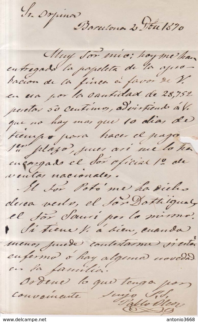 Año 1870 Edifil 107 50m Sellos Efigie Carta  Matasellos   Barcelona  2 , A Manresa - Cartas & Documentos