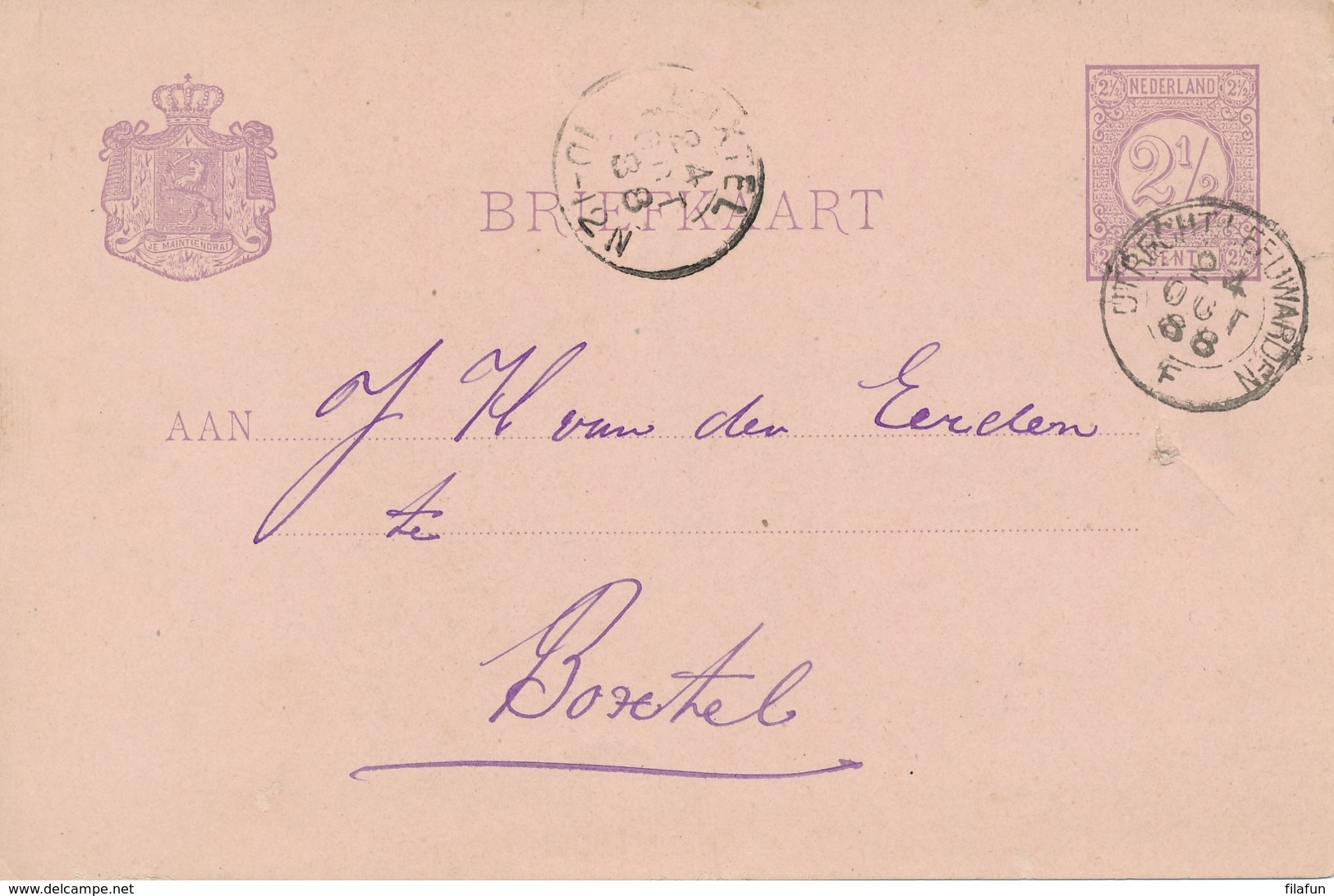 Nederland - 1888 - Kleinrond Treinstempel Utrecht-Leeuwarden/F Op 2,5 Cent Briefkaart Naar Boxtel - Poststempel