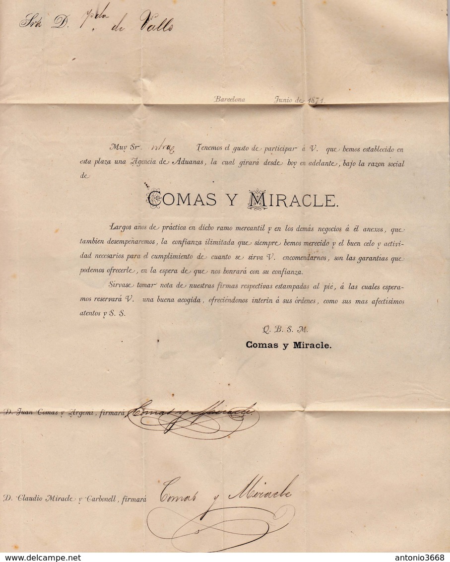 Año 1870 Edifil 107 50m Sellos Efigie Carta  Matasellos Rombo Barcelona Carta Impresa  Nueva Agencia Comas Y Miracle - Covers & Documents