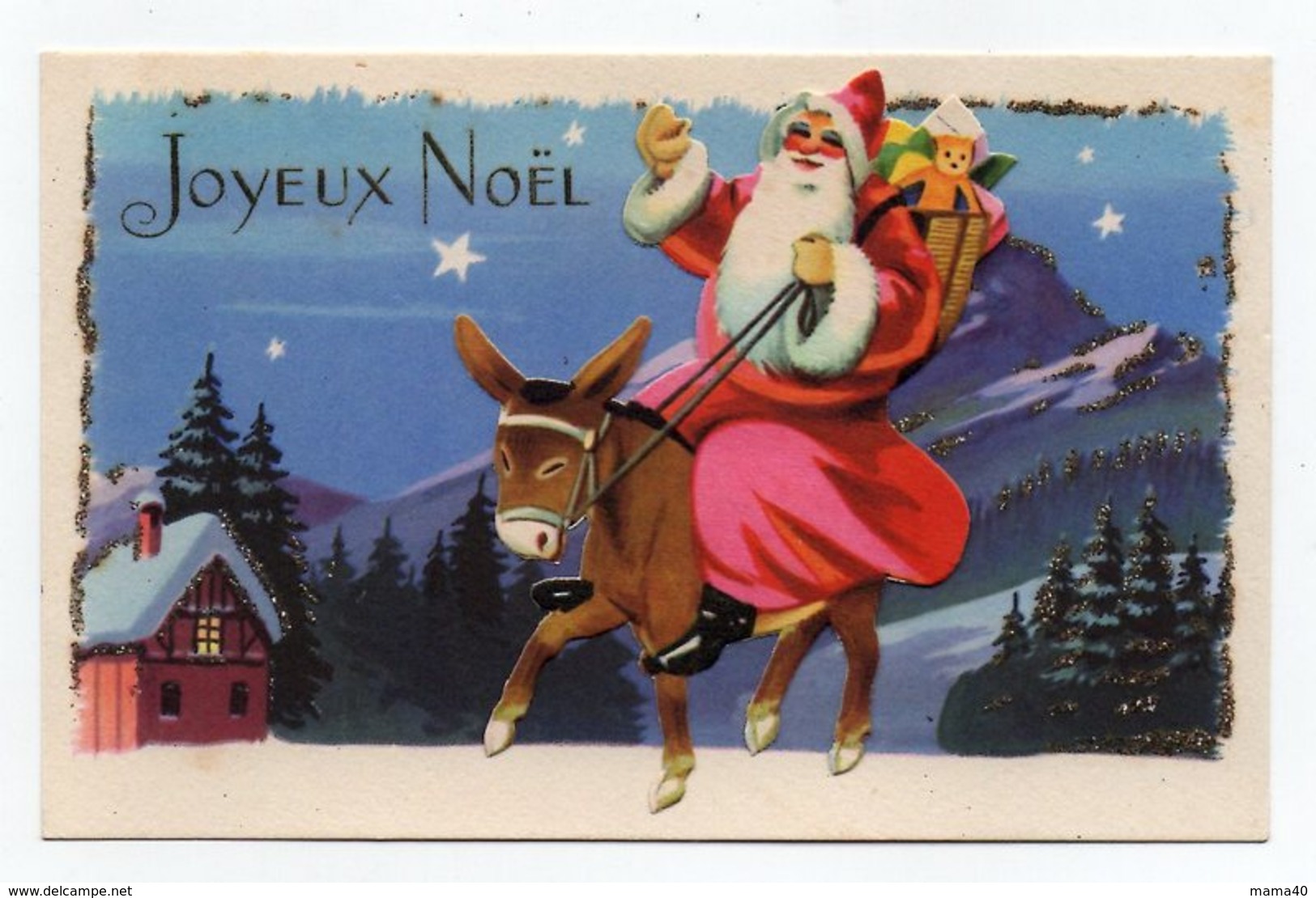 CARTE JOYEUX NOEL - PERE NOEL SUR UN ANE - DECOUPIS - Santa Claus