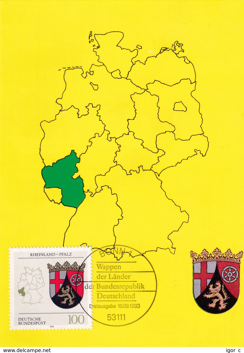 Germany Maximum Card 1993: Coat Of Arms; Wappen; Lion Löwe; Rheinland - Pfalz: Map Germany - Sonstige & Ohne Zuordnung