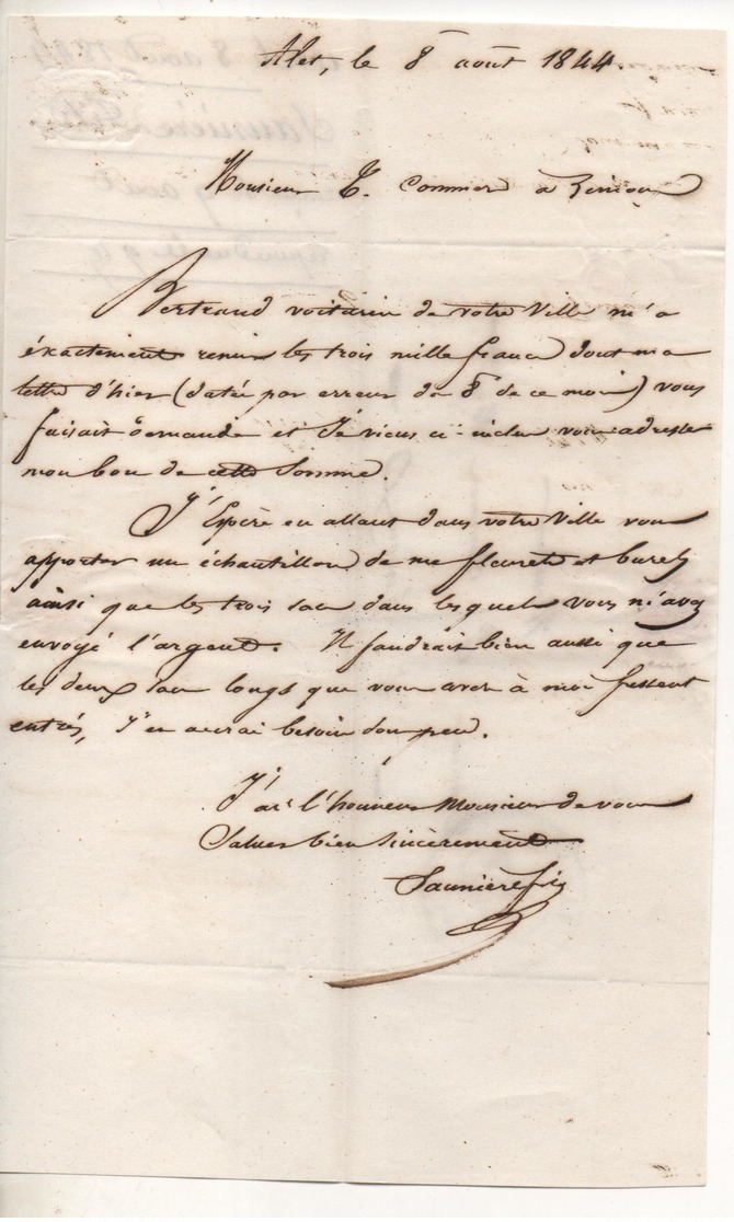Ecrit à ALET Par SAUNIERES Cachet Facteur ROUGE "B" Et Poste De LIMOUX (Aude) Le 8 Aout 1844 - 1801-1848: Précurseurs XIX