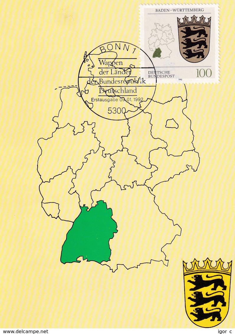 Germany Maximum Card 1992: Coat Of Arms; Wappen Baden Wurtenberg ; Lion Löwe: Map Germany - Sonstige & Ohne Zuordnung