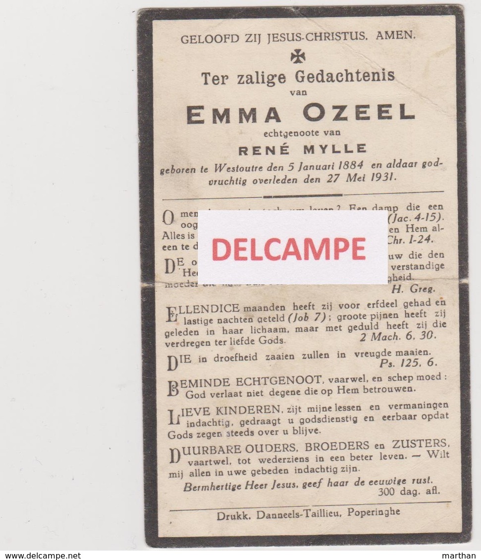 DOODSPRENTJE OZEEL EMMA ECHTGENOTE MYLLE WESTOUTER 1884 - 1931   Bewerkt Tegen Kopieren - Imágenes Religiosas